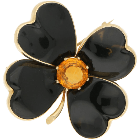 1950s Onyx Citrine Gold Clover Brooch