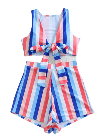 Colorblock Striped Knot Front Bikini Swimsuit | SHEIN USA
