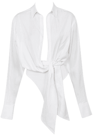 Clothing : Bodysuits : 'Amelia' White Drape Shirt Bodysuit