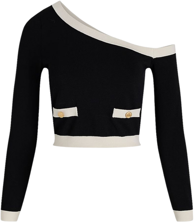 Tipped Off The Shoulder Novelty Button Cropped Sweater | Express