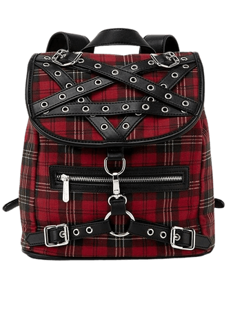 red and black plaid bag