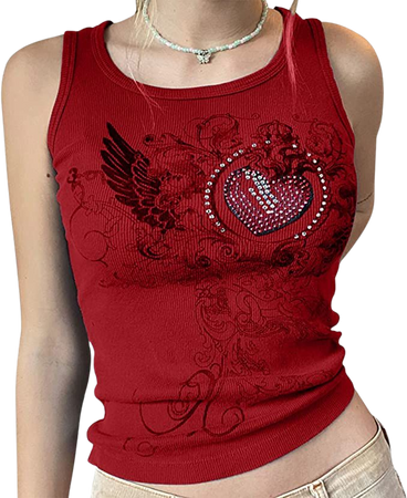 Meladyan Women Heart Rhinestone Graphic Print Sleeveless Crop Tank Ribbed Fairy Grunge 90s E-Girl Goth Vest Shirt Top at Amazon Women’s Clothing store
