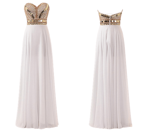 Luulla 2017 Sweetheart White With Gold Crystals Beaded Evening Prom Dresses Empire Beach Summer Style Chiffon Long Cheap Formal Pageant Dress Gowns