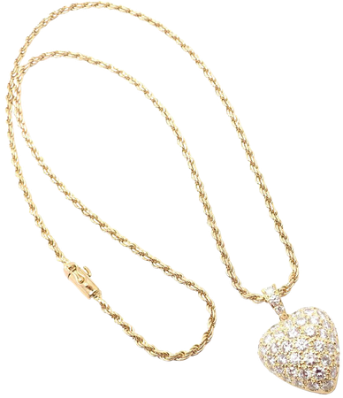 Vintage Van Cleef and Arpels Pave Diamond Large Heart Yellow Gold Pendant Necklace
