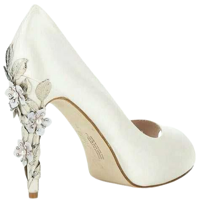 shoes, white, heels, pumps, white pumps, flower heels, flower high heels, silver flowers, peep toe, ivory, ivory flowers, off-white, beige - Wheretoget