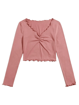 Ruched Front Lettuce Trim Crop Tee | SHEIN USA pink
