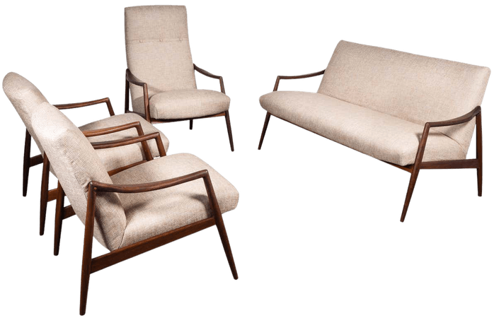 1950s Teak Living Room Sofa Set by Lohmeyer Upholstered à la Coco Chanel For Sale at 1stDibs