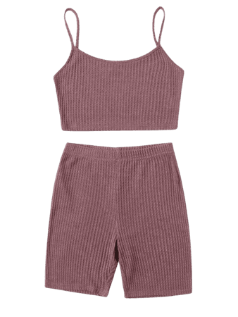 Waffle Knit Cami Top and Biker Shorts Set | SHEIN USA mauve