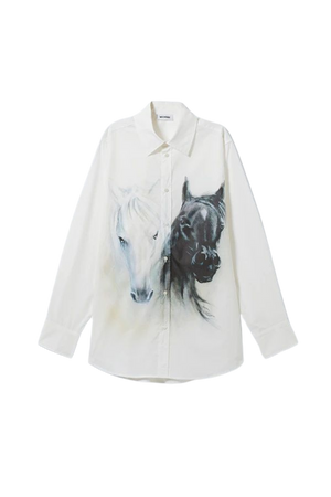 Oversized Printed Poplin Shirt - White & Black Horses - Weekday WW