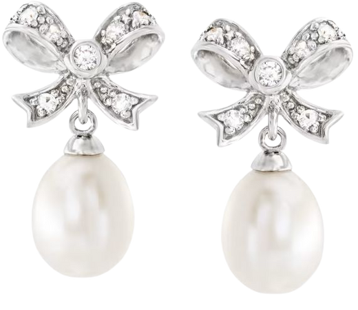 8-9mm Cultured Pearl and .30 ct. t.w. White Topaz Bow Drop Earrings in Sterling Silver | Ross-Simons