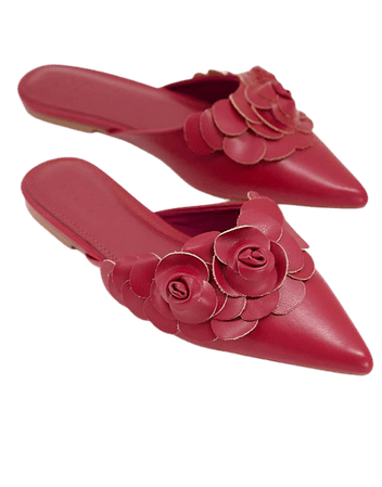 ASOS DESIGN Larch 3D flowers pointed ballet mules in burgundy | ASOS