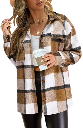 PRETTYGARDEN Women's 2023 Fall Clothes Plaid Shacket Jacket Long Sleeve Button Down Flannel Shirts Fashion Blouse (Plaid Khaki White,Small) at Amazon Women’s Clothing store