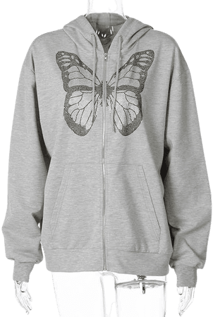 ALLNeon Y2K Fashion Oversized Butterfly Graphic Rhinestone Zip Up Hoodies E girl 90s Streetwear Diamond Grey Long Jacket Autumn