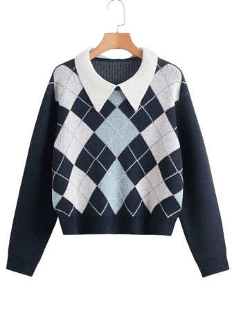 Argyle Pattern Contrast Collar Sweater