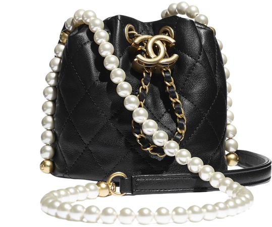 Calfskin, Imitation Pearls & Gold-Tone Metal Black Mini Drawstring Bag | CHANEL