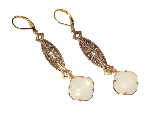 1920s OPAL Antique Gold Art Nouveau/Deco Rhinestone Vintage Earrings Long Dangle White Pinfire jewelry