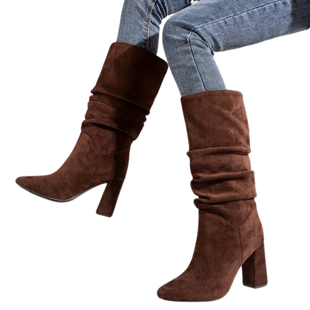 Women's Slouchy Mid Calf Boots, Pointed Toe Block Heeled Slip On High Heels, Comfortable Medium Boots,temu
