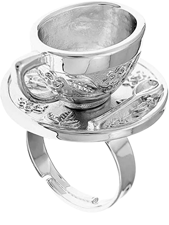 RechicGu Polish Silver Vintage Fairytale 3D Tea Cup Saucer Ring Party Fairy Tale Hatter Wonderland Cosplay Fancy Dress|Amazon.com