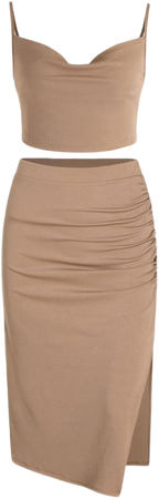 Cowl Neck Crop Top & Split Ruched Maxi Skirt Set Curve & Plus - Cider