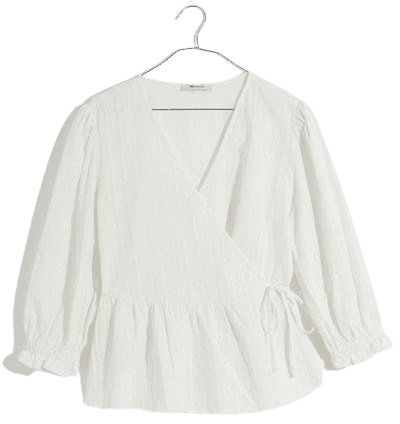white Embroidered Eyelet Puff-Sleeve Peplum Wrap Top