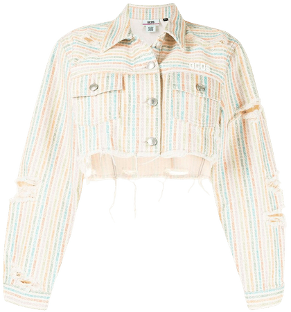 Shop Gcds chain-print cropped denim jacket with Express Delivery - FARFETCH