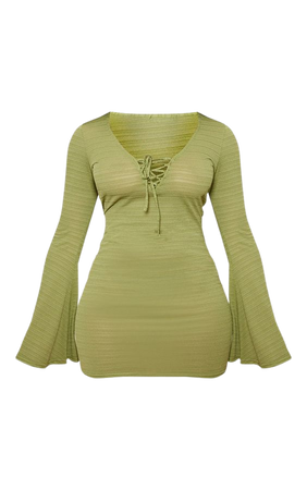 Olive Textured Flare Sleeve Bodycon Dress
