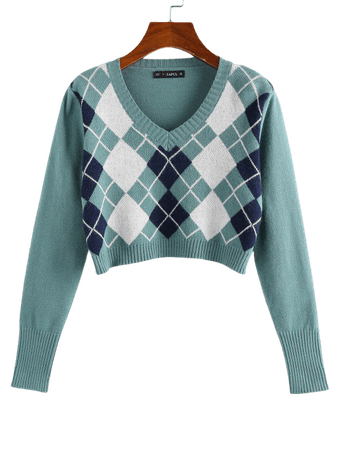 [51% OFF] 2020 ZAFUL Argyle V Neck Crop Sweater In LIGHT GREEN | ZAFUL
