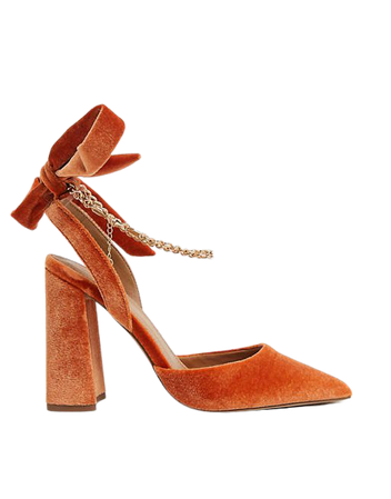 ASOS DESIGN Wide Fit – Wholesome – Pomarańczowe aksamitne buty na obcasie klockowym ze spiczastymi noskami i łańcuszkiem na kostce | ASOS