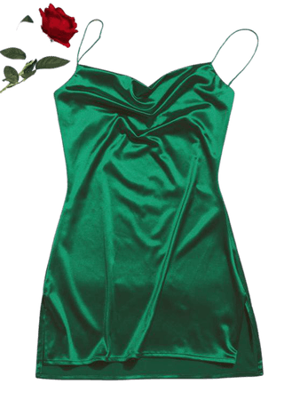 Side Slit Satin A Line Cami Dress In EMERALD GREEN