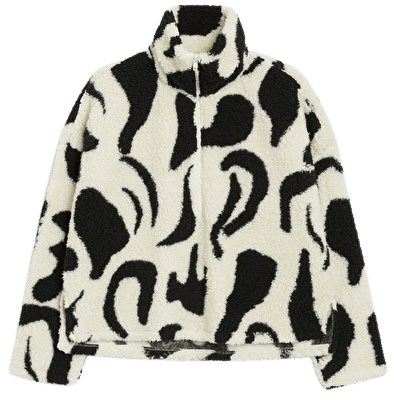 Black/white faux fleece half-zip sweater - White with black print - Faux fleece - Monki WW