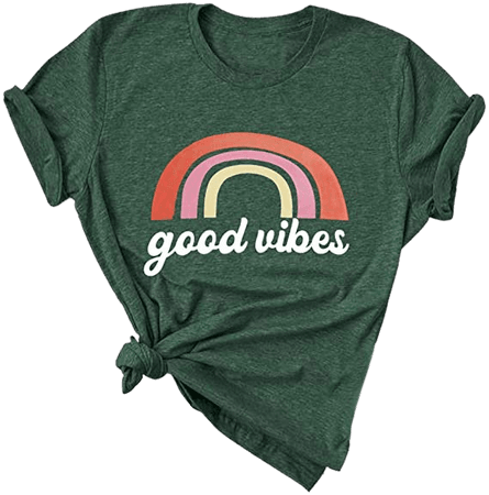 Good Vibes Shirt for Women Rainbow Top Casual Short Sleeve Graphic Tees Vacation T Shirt (Green, S) at Amazon Women’s Clothing store