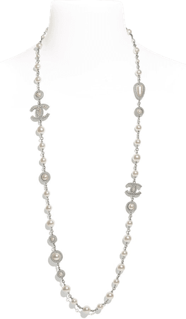 Long Necklace, metal, glass pearls & strass, silver, pearly white & crystal - CHANEL