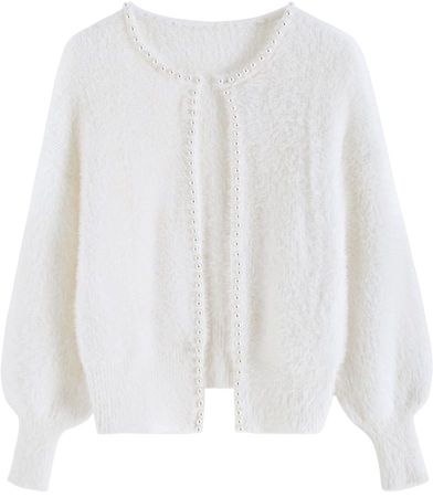 Open Front Pearly Fuzzy Knit Cardigan in White - Retro, Indie and Unique Fashion