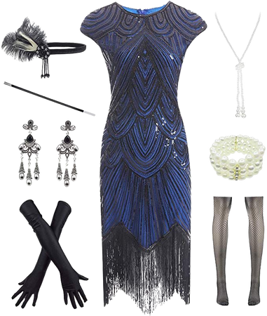Women 1920s Vintage Flapper Fringe Beaded Gatsby Party Dress with 20s Accessories Set at Amazon Women’s Clothing store