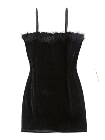 [34% OFF] 2021 ZAFUL Plus Size Feather Trim Velvet Slinky Dress In BLACK | ZAFUL
