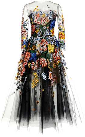 Floral-Embroidered Tulle Midi Dress by Oscar de la Renta | Moda Operandi