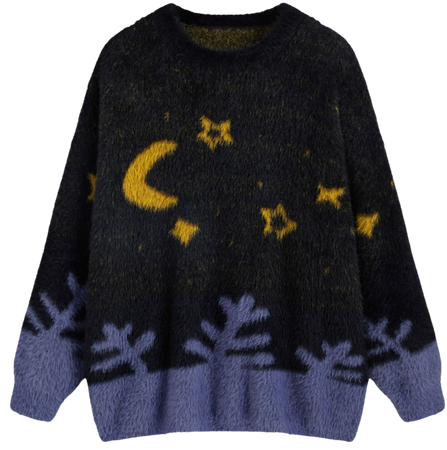 Fuzzy Knit Round Neckline Star & Moon Graphic Sweater Curve & Plus - Cider