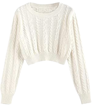 ZAFUL Women's Cable Knit Open Knit Crop Sweater White at Amazon Women’s Clothing store