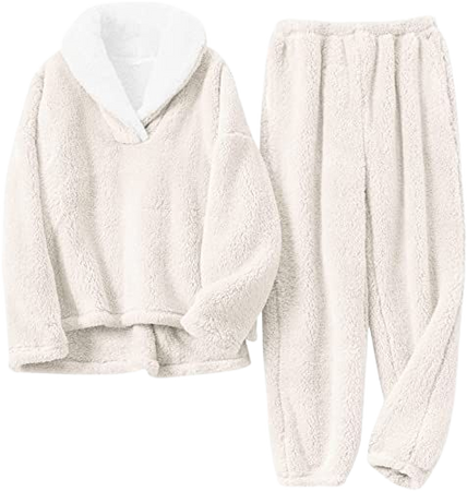 Yimoon Women’s Winter Fluffy Pajama Set Fleece Pullover Pants Loose Plush Lounge Sets Sleepwear at Amazon Women’s Clothing store