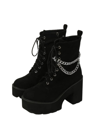 Women Minimalist Chain Decor Lace-Up Front Side Zip Faux Suede Platform  Chunky Heeled Combat Boots | SHEIN USA