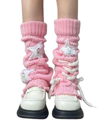 Plush Star Appliques Pink Knit Leg Warmers