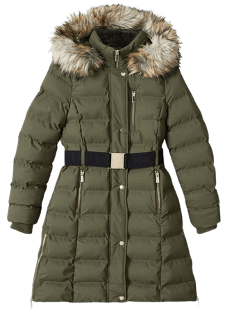 Belted Puffer Faux Fur Midi Length Hooded Coat | Karen Millen