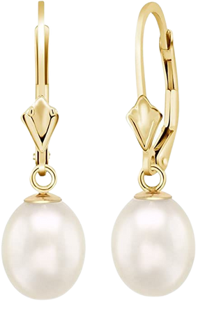 Amazon.com: Gem Stone King 14K Yellow Gold 9mm Cultured Freshwater Pearl Dangle Women's Earrings: Clothing, Shoes & Jewelry