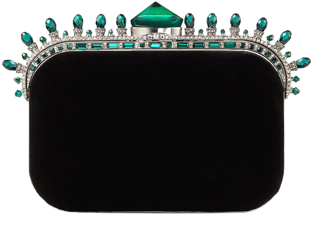 Black Velvet Clutch Bag with Dark Green Crown Jewels|CLOUD| Autumn Winter 19| JIMMY CHOO