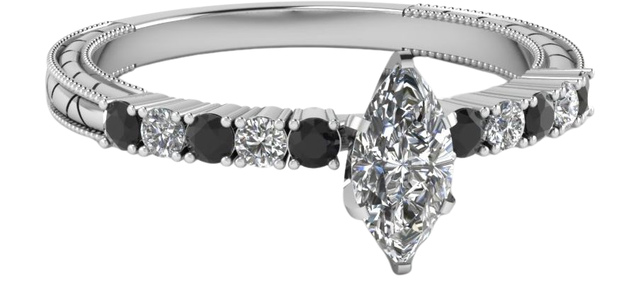 Petite Vintage Marquise Engagement Ring With Black Diamond In 18K White Gold | Fascinating Diamonds