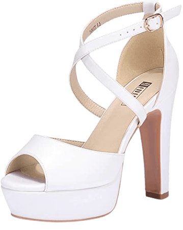 Amazon.com | IDIFU Women's Platform Strappy Chunky High Heels Dress Sandals Peep Toe Wedding Party Evening Shoes for Women Bride (White Pu, 10 M US R) | Heeled Sandals