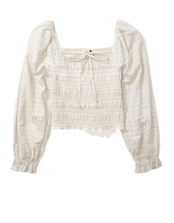 AE Smocked Puff-Sleeve Square Neck Blouse