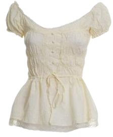 Off-white summer blouse with buttons, lace and bare shoulders, cute casual