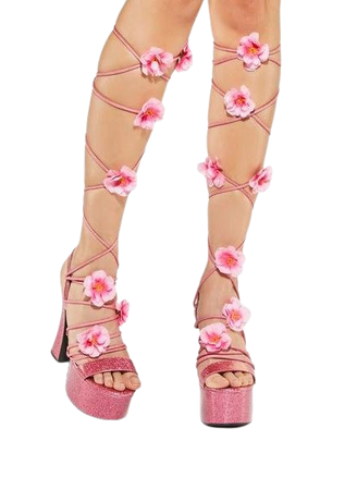 Club Exx Hibiscus Flower Platform Wrap Heels - Pink Glitter | Dolls Kill