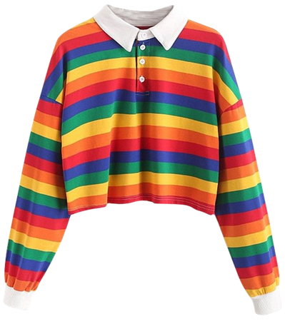 Striped Collared Long Sleeve Crop Top Rainbow